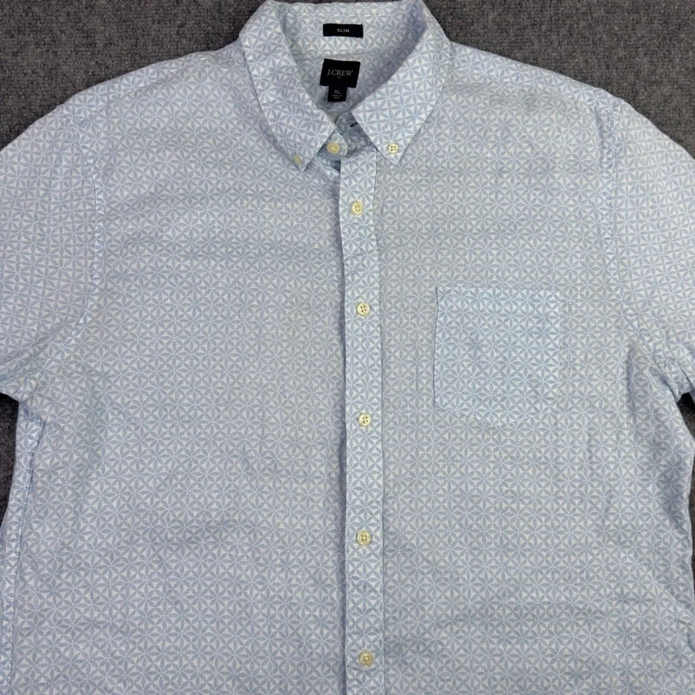 J.Crew Shirt Men XL Blue Linen Blend Geometric Short Sleeve Beach Coastal Preppy